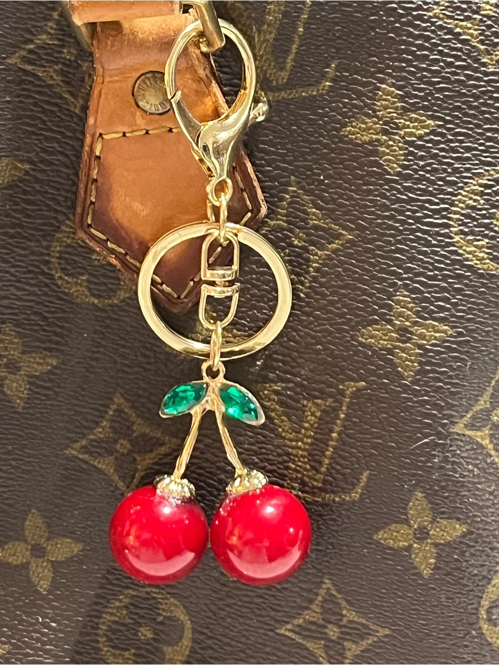 Gold-Tone Cherry Key Charm with Red Enamel Cherries and Green Leaves